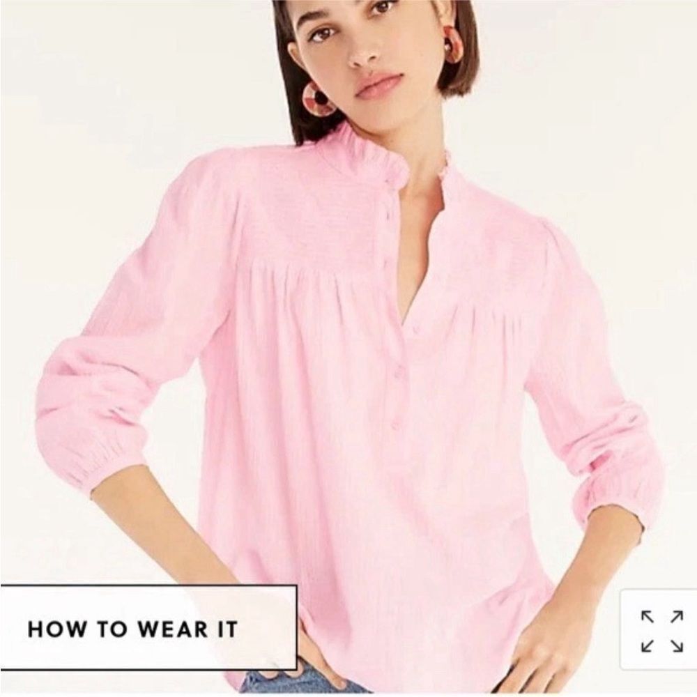 J. Crew Garden Top Pink Smocked Mock Neck Cottagecore Size XS